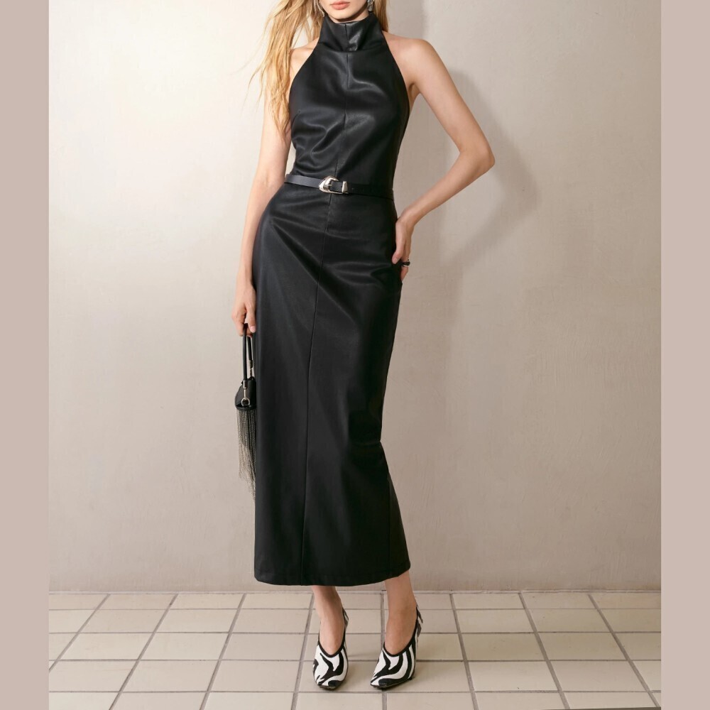 Black Faux Leather Halter Neck Belted Slim Fit Maxi Dress